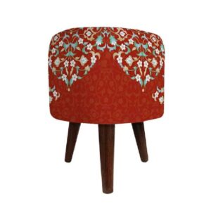 Ronde Fluwelen Voetenbank Sorkhab – Perzisch Bloemenmotief – Rood