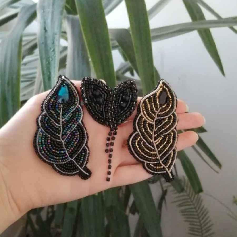 Set van 3 Handgemaakte Broche Spelden – Blauw Geborduurd