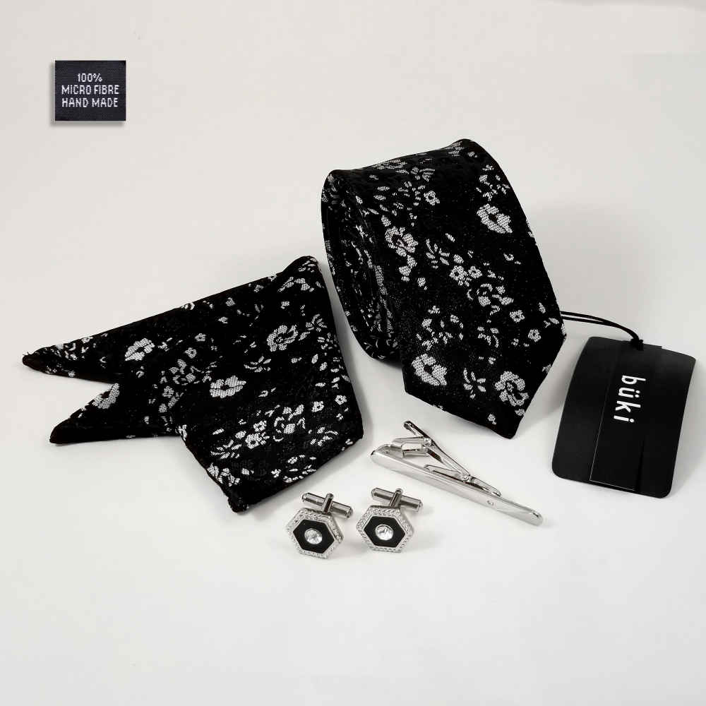 Heren Stropdas-, Zakdoek- & Manchetknopen Set – Luxe Bloem
