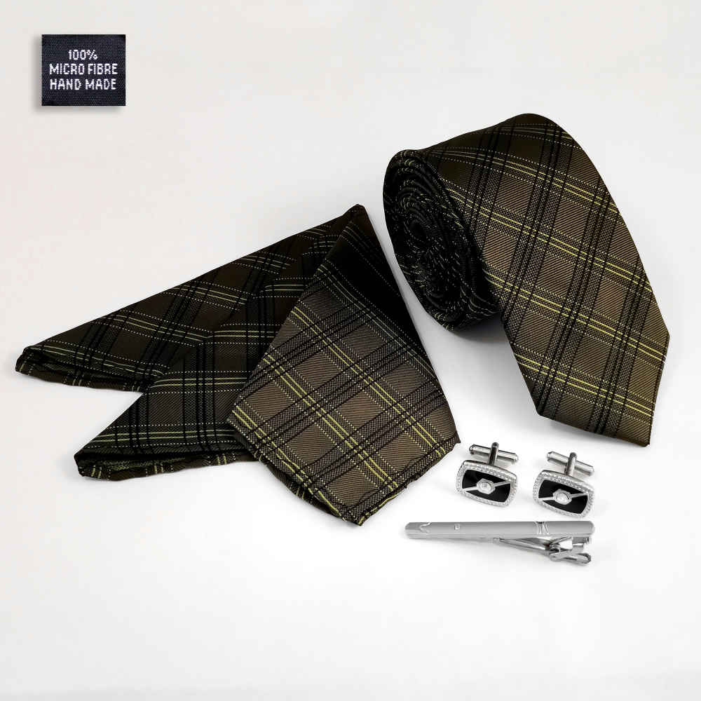Heren Stropdas-, Zakdoek- & Manchetknopen Set – Luxe Geruit