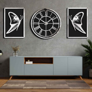 Moderne 3-Delige Wandklok Set – Vlinder (Zilver)