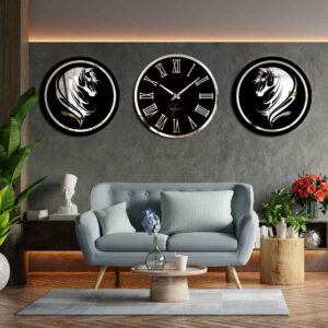 Moderne 3-Delige Wandklok Set – Paard (Zilver)