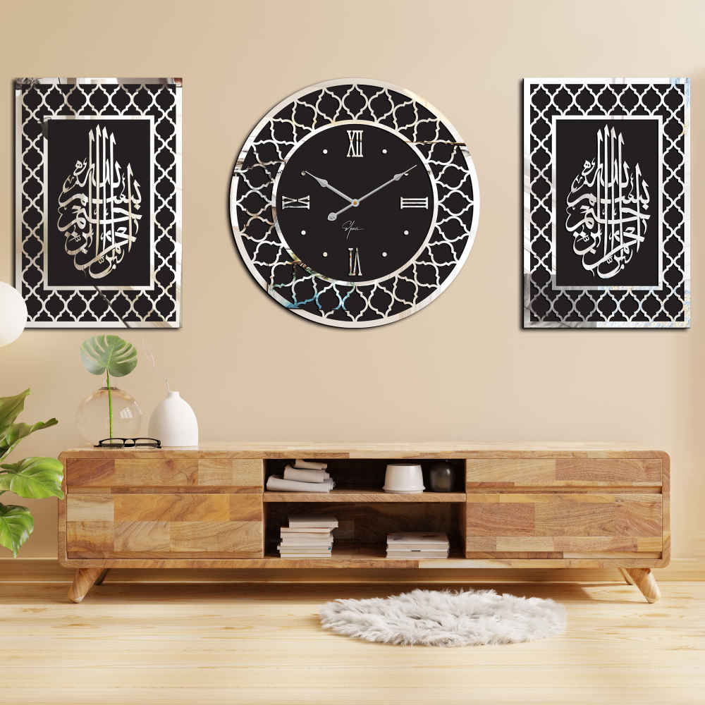Islamitische 3-Delige Wandklok Set met Bismillahir Rahmanir Raheem