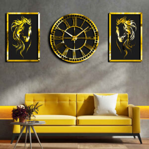 Moderne 3-Delige Wandklok Set – Paard (Zilver – Model 2)