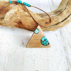 Houten Ketting met Turkoois Artistieke Stijl Driehoek
