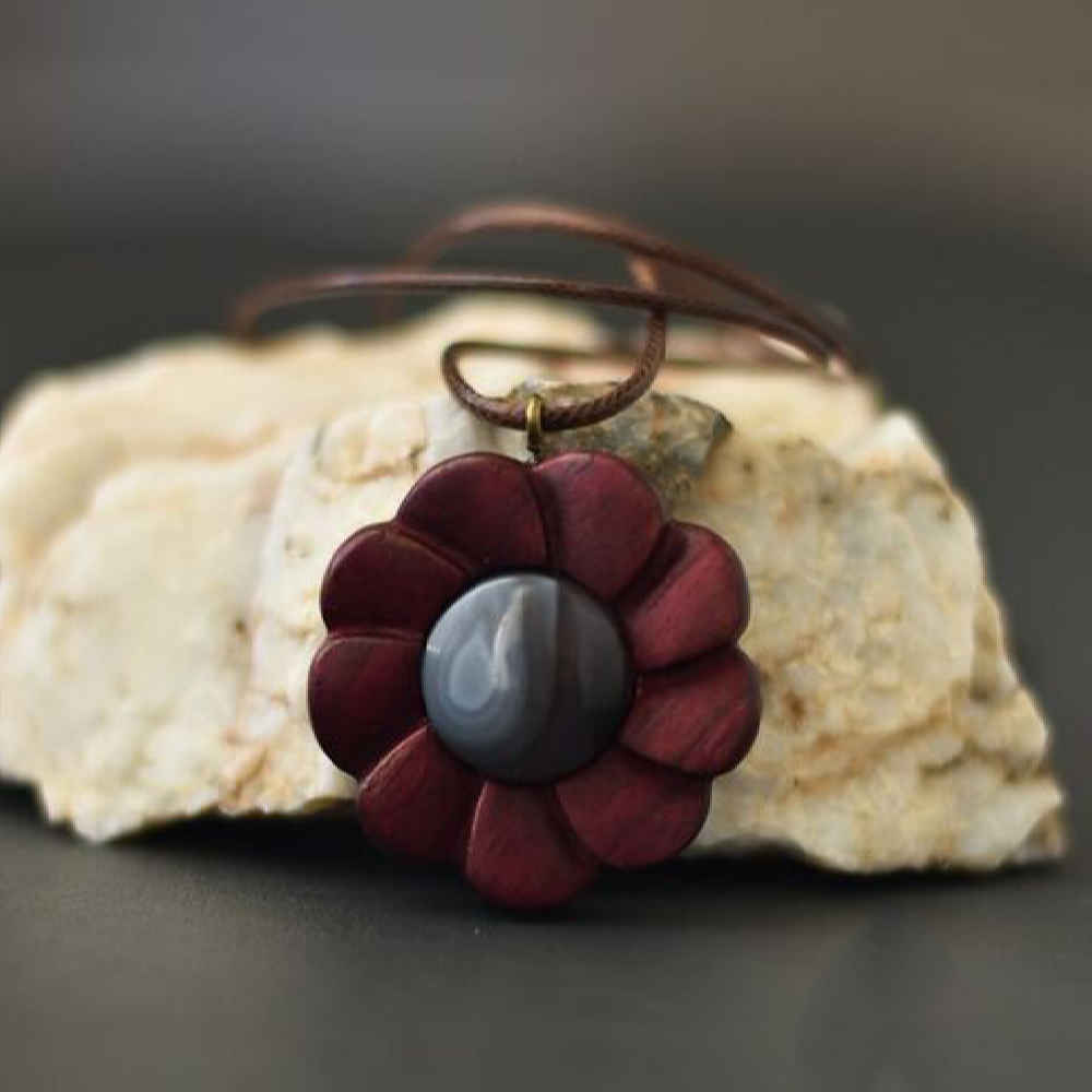 Gesneden Houten Hanger met Agaat Edelsteen Handgemaakt Artistiek Flower
