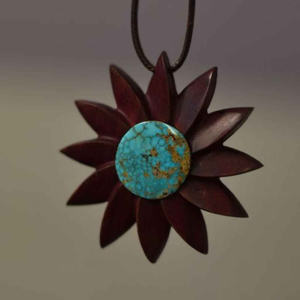 Gesneden Houten Hanger met Turquoise Edelsteen Handgemaakt Artistiek Taban