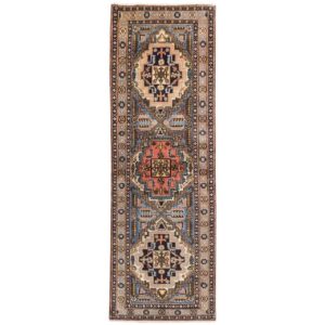 Vintage Perzisch Ardabil Sevin Loper (Tribaal Geometrisch Medaillon) – Crème Zijde & Wol