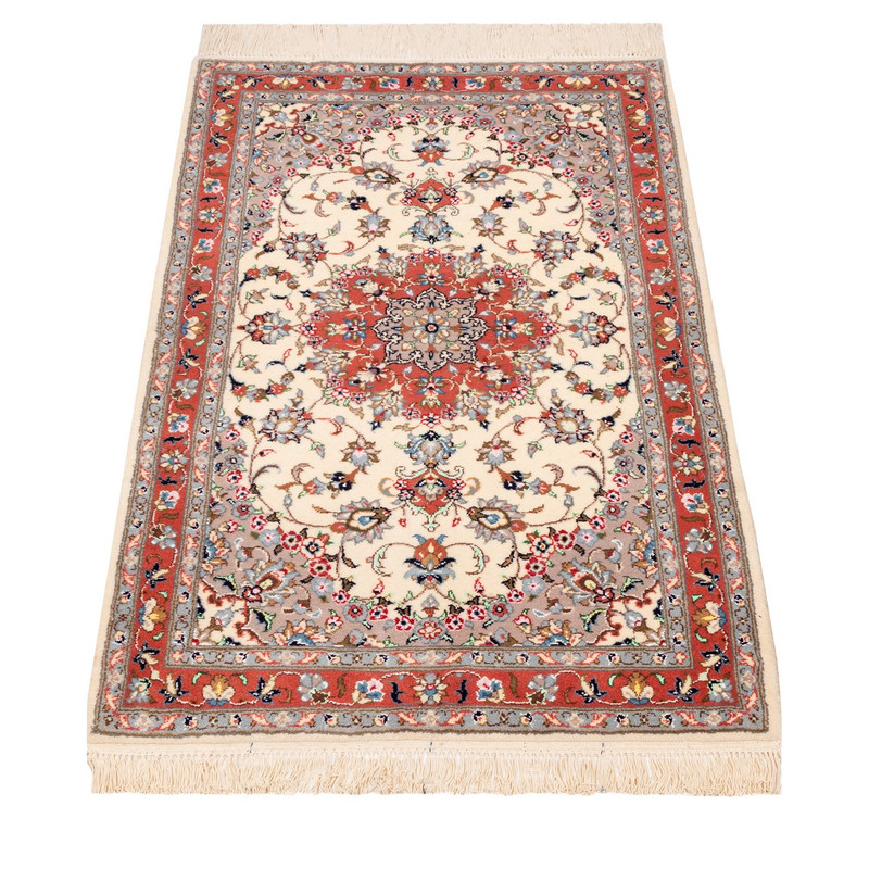 Handgeknoopt Perzisch Yazd Hoda Tapijt (Klassiek Bloemenmedaillon) – Crème Zijde & Wol