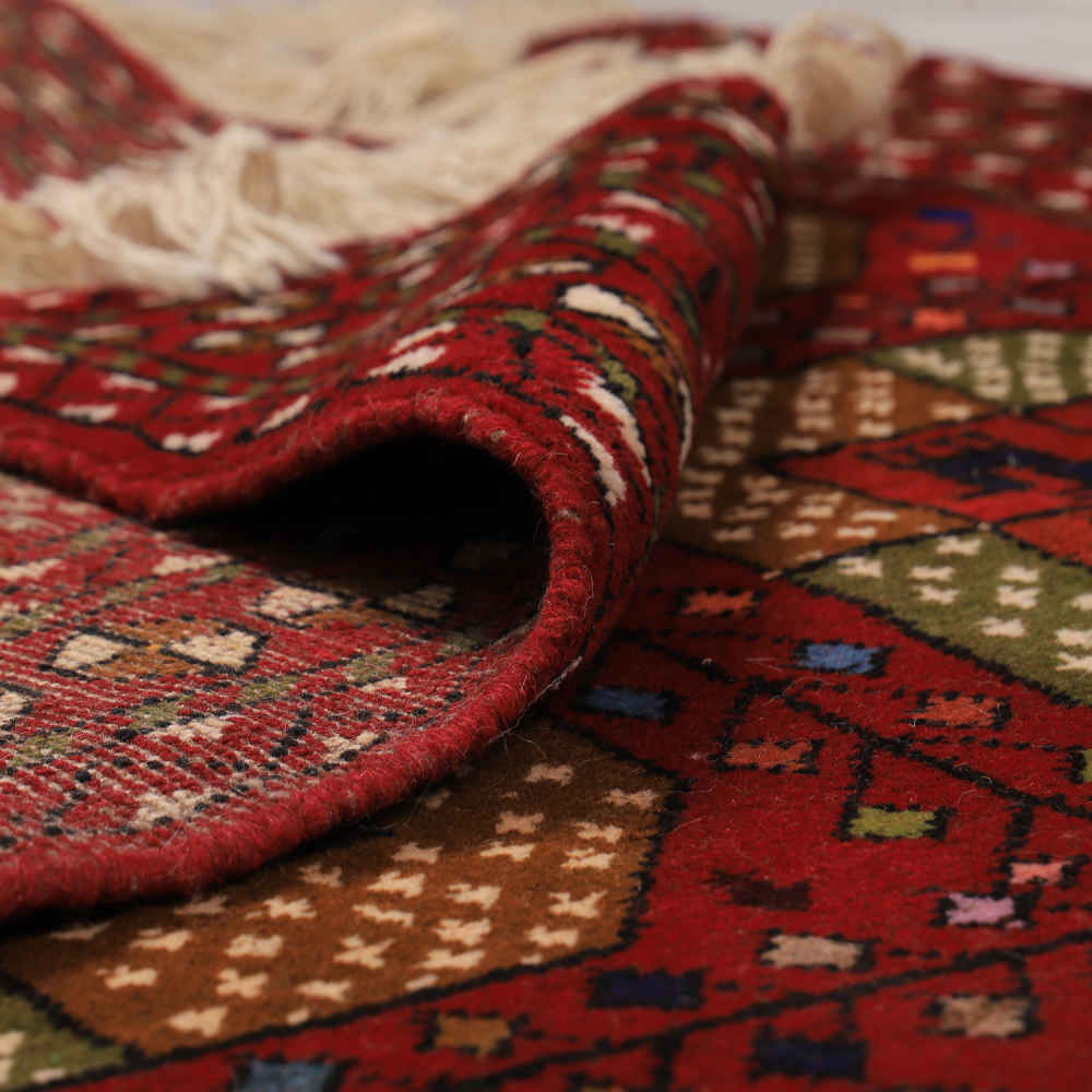 Handgeknoopt Perzisch Khorasan Malih Tapijt (Tribaal Geometrische Ruit) – Rode Wol