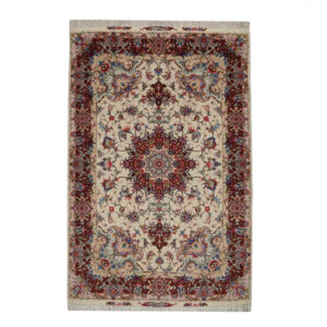 Handgeknoopt Perzisch Tabriz Cheleh Tapijt (Lachak Toranj Bloemenmedaillon) – Crème Zijde & Korkwol