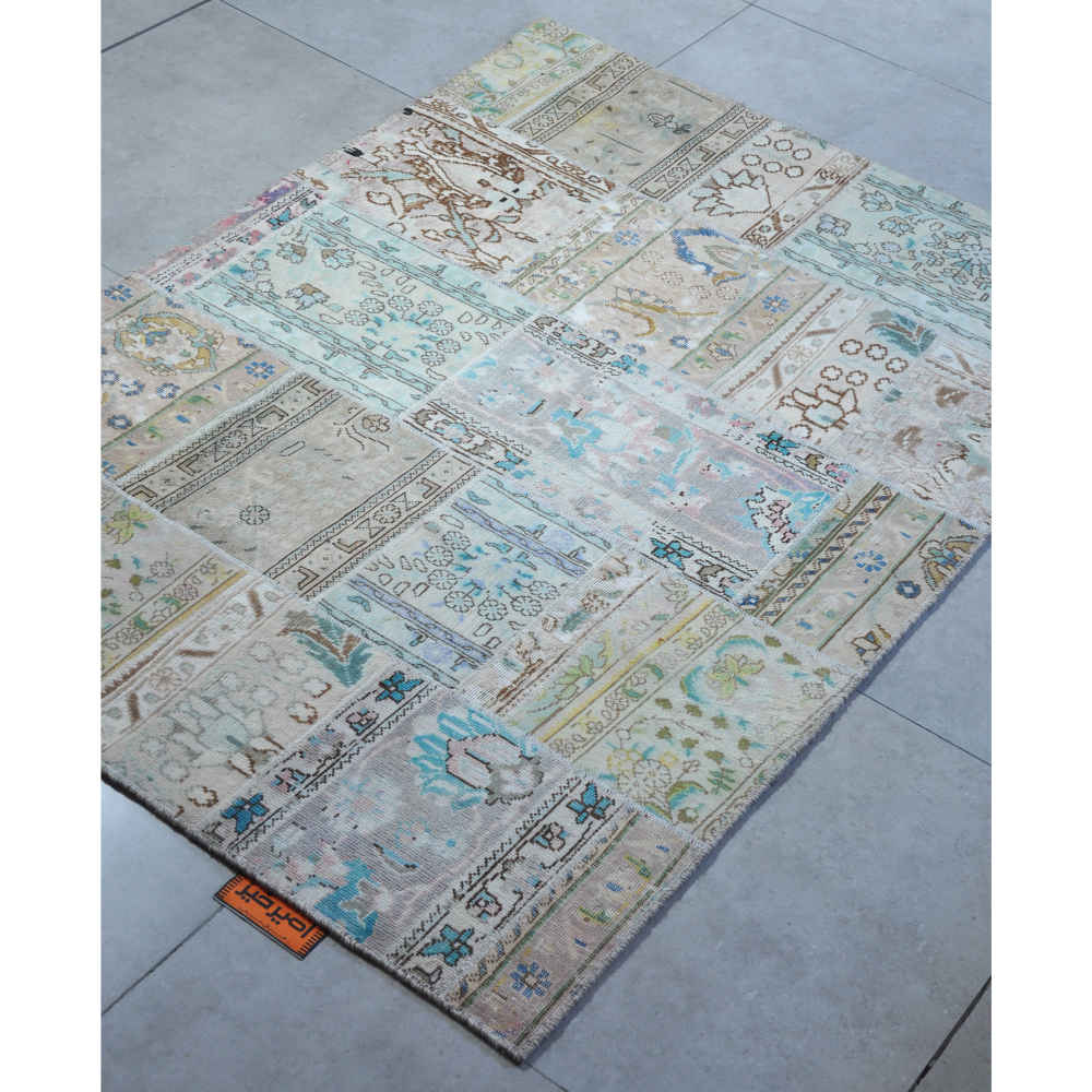Vintage Perzisch Handgeknoopt Patchwork Tapijt Sky Blauw
