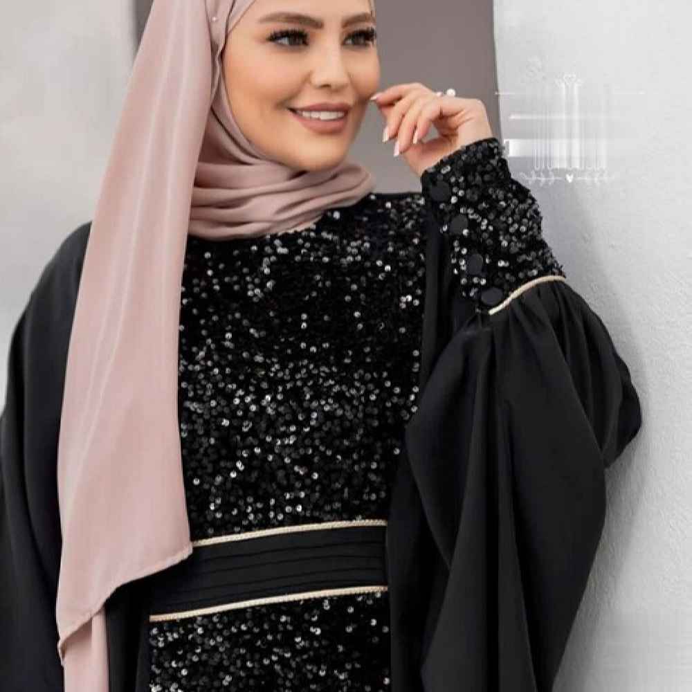 Stijlvolle Abaya voor Dames Elegant Zwart met Glanzende Pailletten