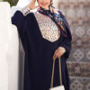 Stijlvolle Abaya voor Moslimvrouwen met Bloemmotief Donkerblauwe Kreukstof
