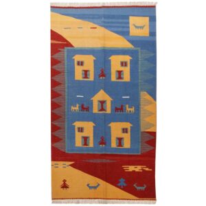 Perzisch Kilim Tapijt Qajari Blue — Handgeweven Wol — Blauw