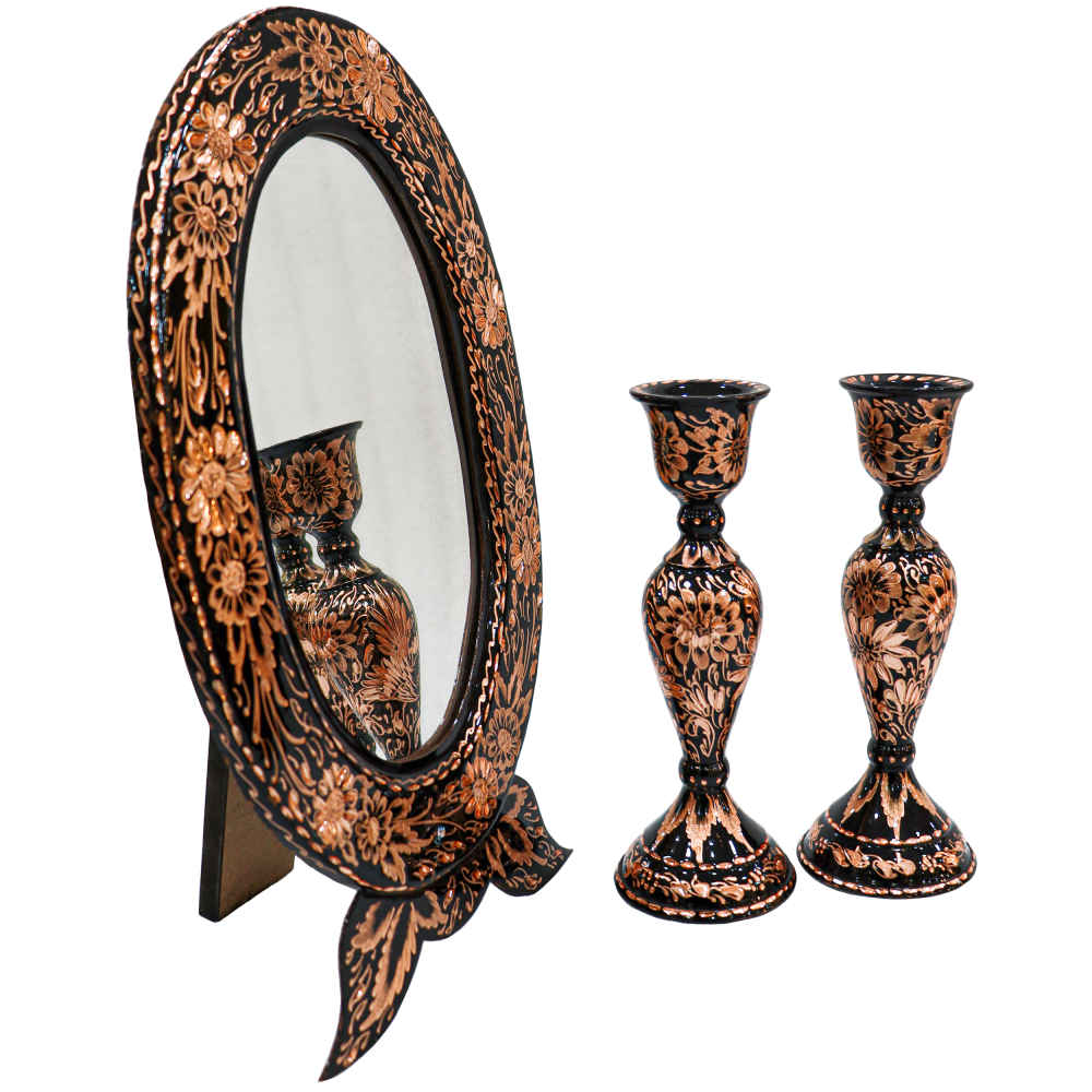 Gegraveerd Perzisch Koperen Spiegelraam & Kandelaar Set – Arsh Design