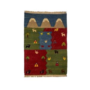 Perzisch Kilim Vloerkleed Batis — Handgeweven Wol — Blauw Diermotief