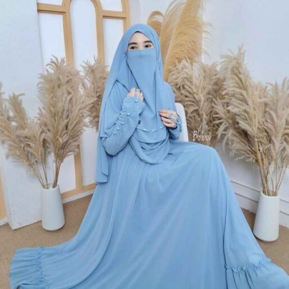 Lichtblauwe Islamitische Vierkante Sjaal & Halve Niqab Set voor Vrouwen