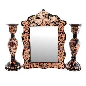 Gegraveerd Perzisch Koperen Spiegelraam & Kandelaar Set – Sheida Design