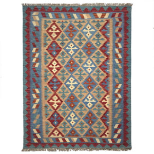 Perzische Kilim Handgeweven – Model Yavar Blauw – Geometrisch Wollen Vloerkleed