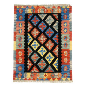 Perzische Kilim Handgeweven – Model Viana Zwart – Geometrisch Wollen Tapijt