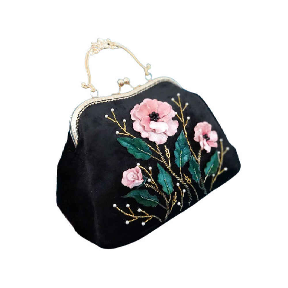 Clutch Handtas met Lintenborduurwerk – Fluweel met Bloemenkralen