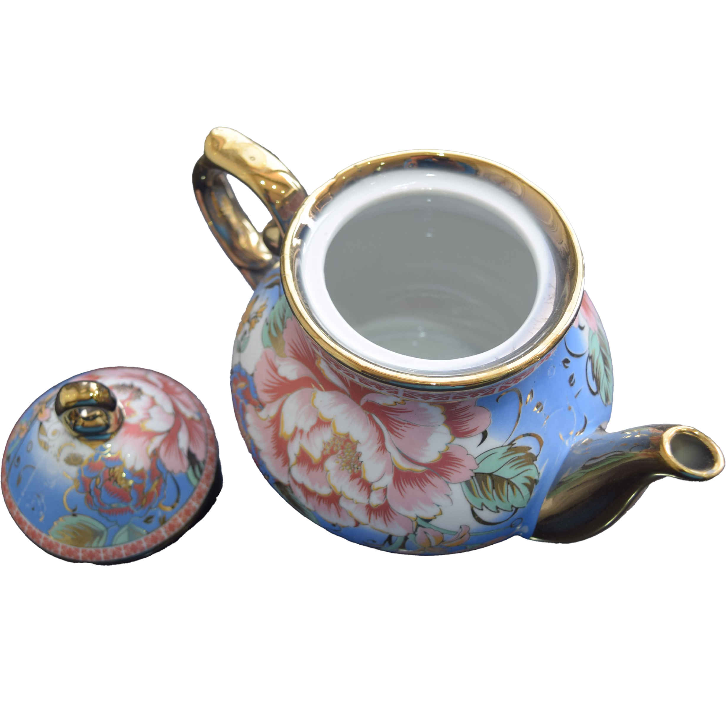 Porseleinen Retro Serveerkan – Blauw & Goud Bloemmotief