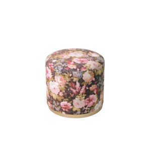 Ronde Fluwelen Poef Flowers – Bloemen Design – Grijs