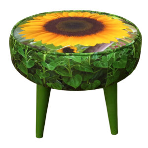 Ronde Fluwelen Poef Zonnebloem – Groen met Houten Poten