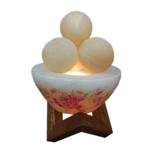 Perzische Kom Zoutlamp – Bloemmotief met Ronde Zoutblokken & Houten Basis