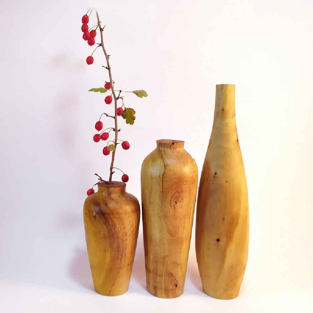 Set van 3 handgemaakte decohouten vazen van massief natuurlijk hout met Fatah-ontwerp voor artistieke flair