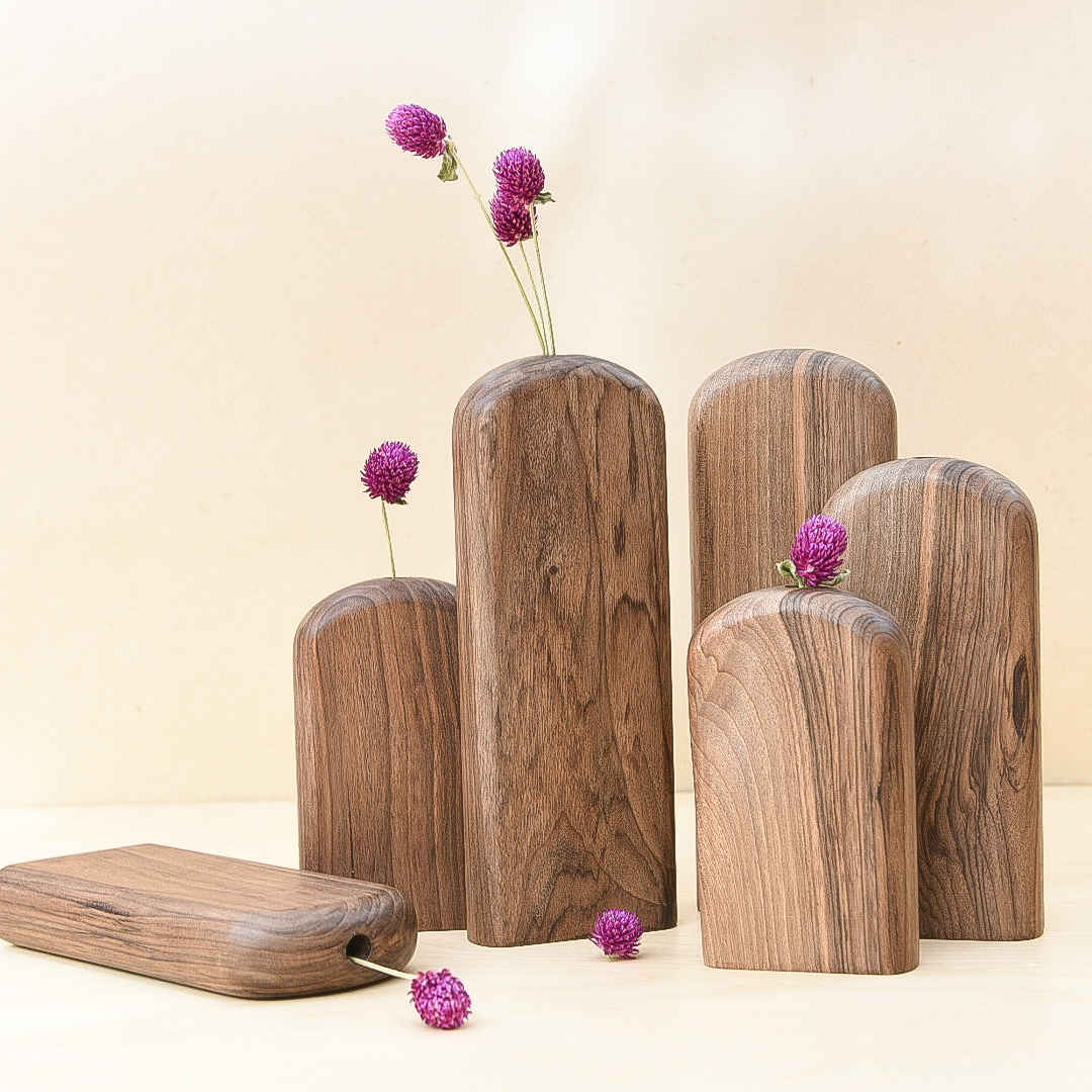 Set van 3 handgemaakte decohouten enkelstengelvazen, een esthetisch cadeau voor kunst- en natuurliefhebbers