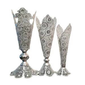 Decoratieve Perzische Filigraan Zilver Gecoate Trompetvaas Shima – Set van 3