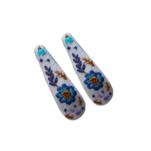 Snap Haarclip Set – Druppelvorm Grijs met Blauwe Bloem