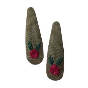 Snap Haarclip Set – Handgeborduurd Groen Bloem Design