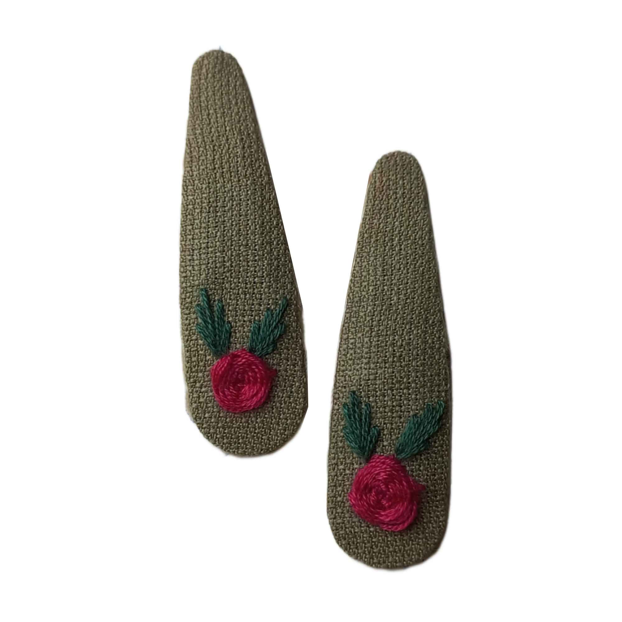 Snap Haarclip Set – Handgeborduurd Groen Bloem Design