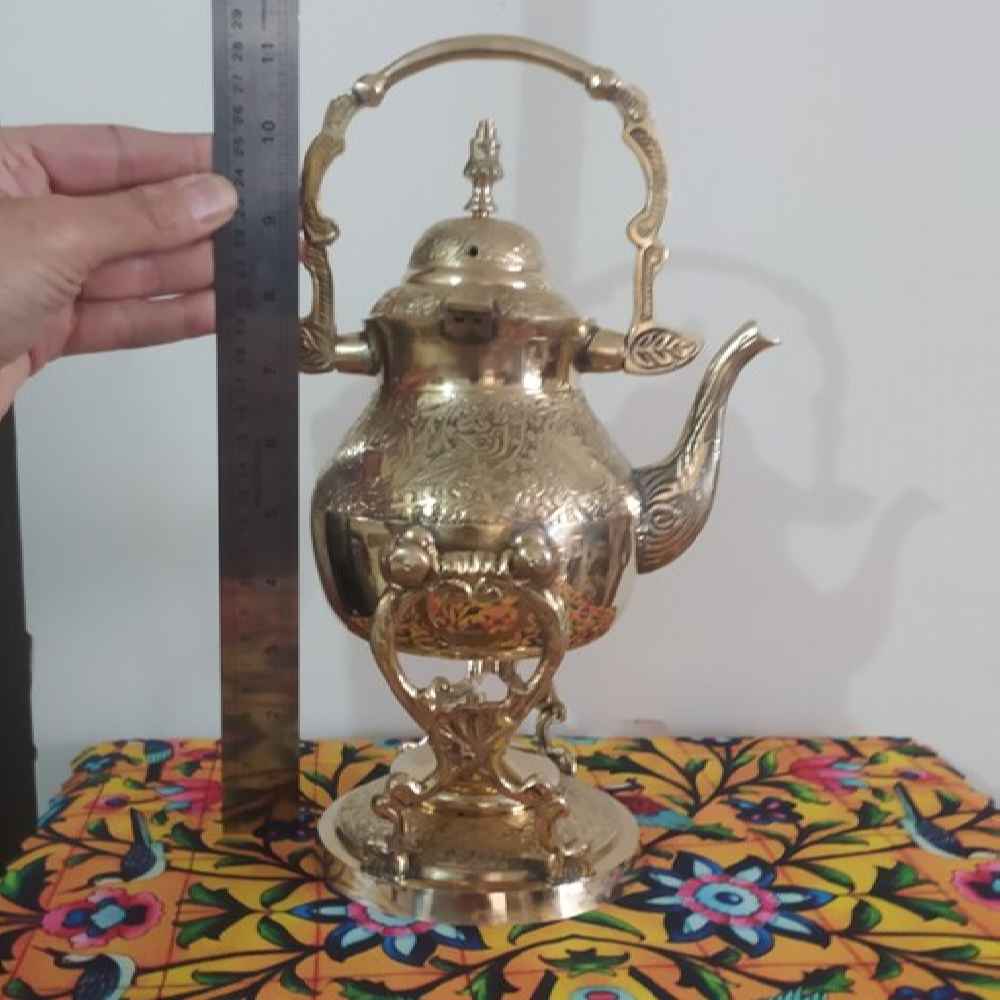Messing Theepot & Warmer Hand-Gegraveerd – Elegant Geëtst Design Goud