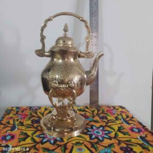 Messing Theepot & Warmer Hand-Gegraveerd – Elegant Geëtst Design Goud