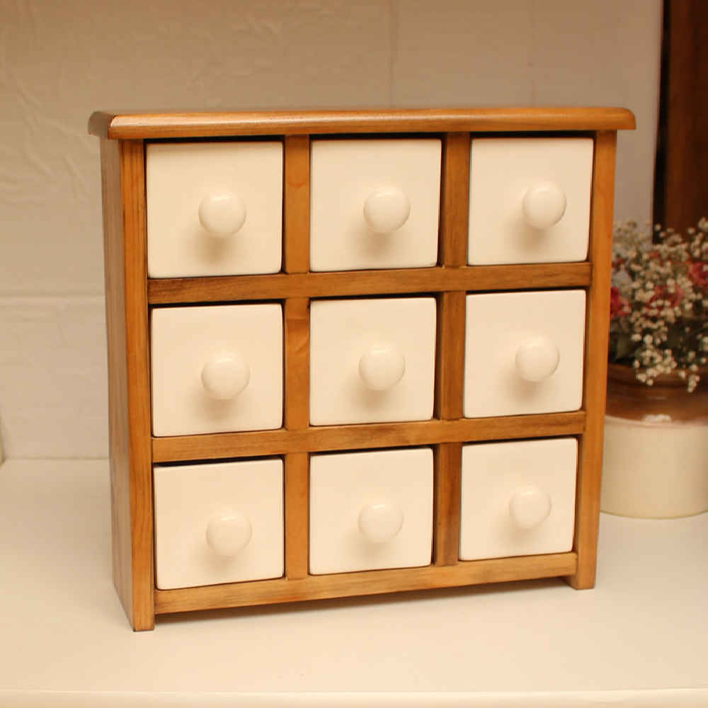 Handgemaakte Kast met 9 Keramische Laden en Houten Doos