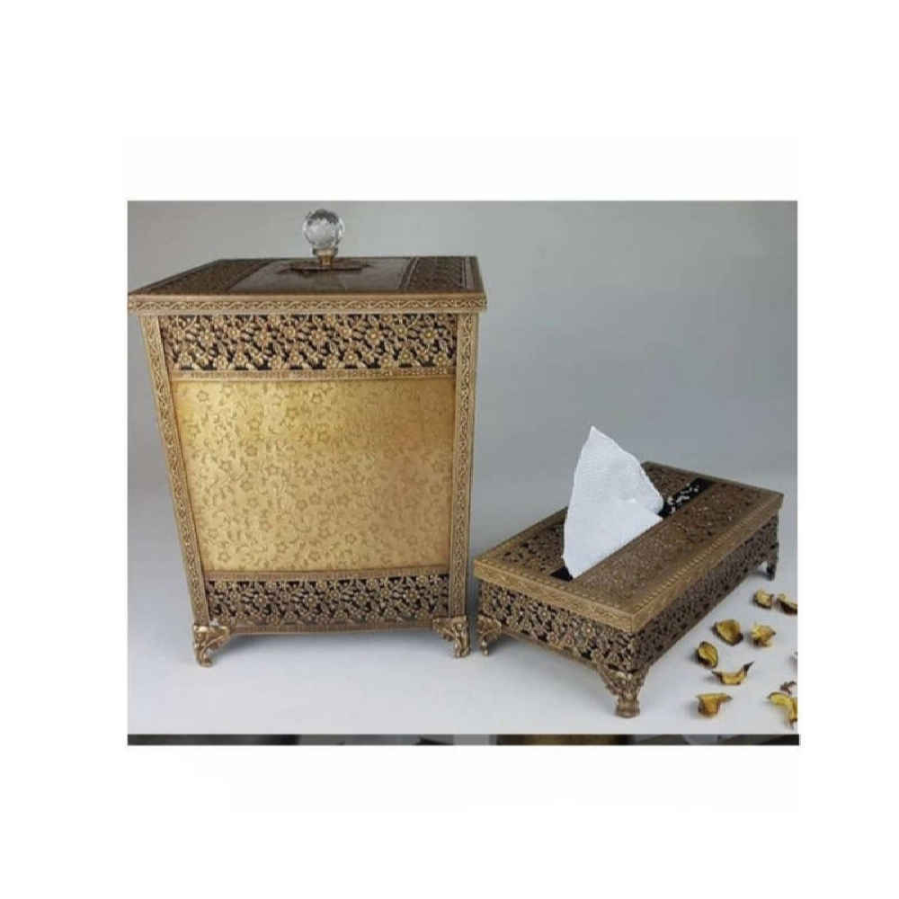 Metalen Prullenbak & Tissuedoos Set – Mat Goud