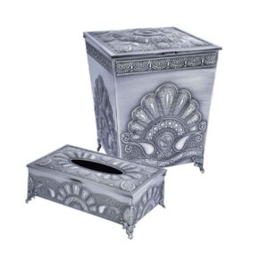 Metalen Prullenbak & Tissuedoos Set – Pauwpatroon