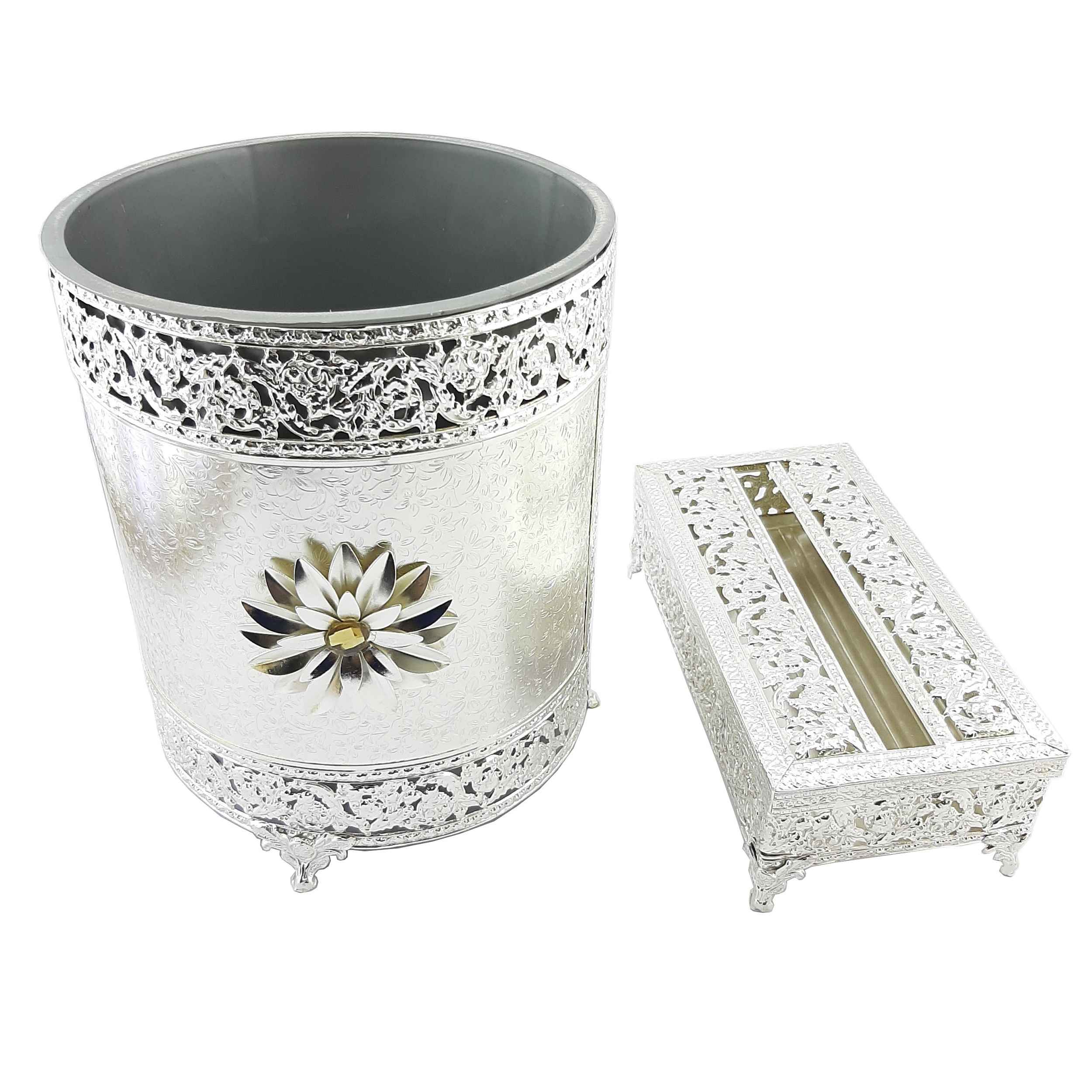 Metalen Prullenbak & Tissuedoos Set – Luxe Goud