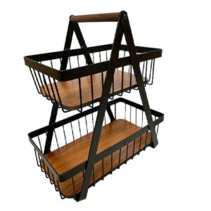 Metalen Draad Fruitmand – 2 Lagen met Houten Basis