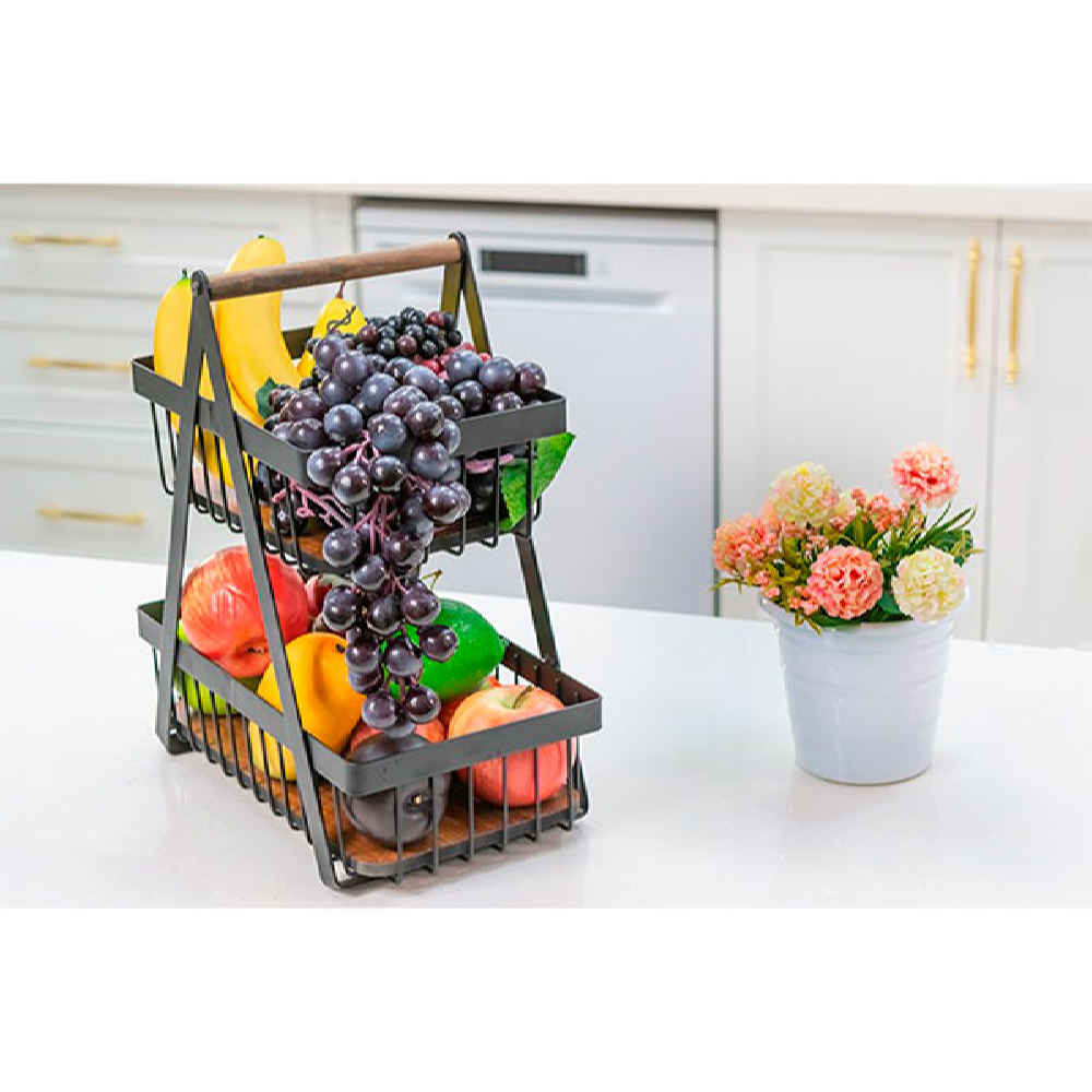 Metalen Draad Fruitmand – 2 Lagen met Houten Basis