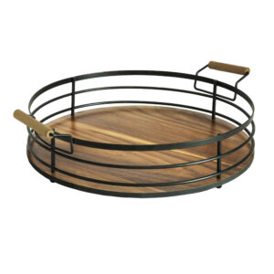 Ronde Metalen Draadmand met Houten Handvat – Bruin