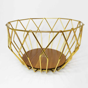 Metalen Draad Fruitmand Geometric – Goud met Hout