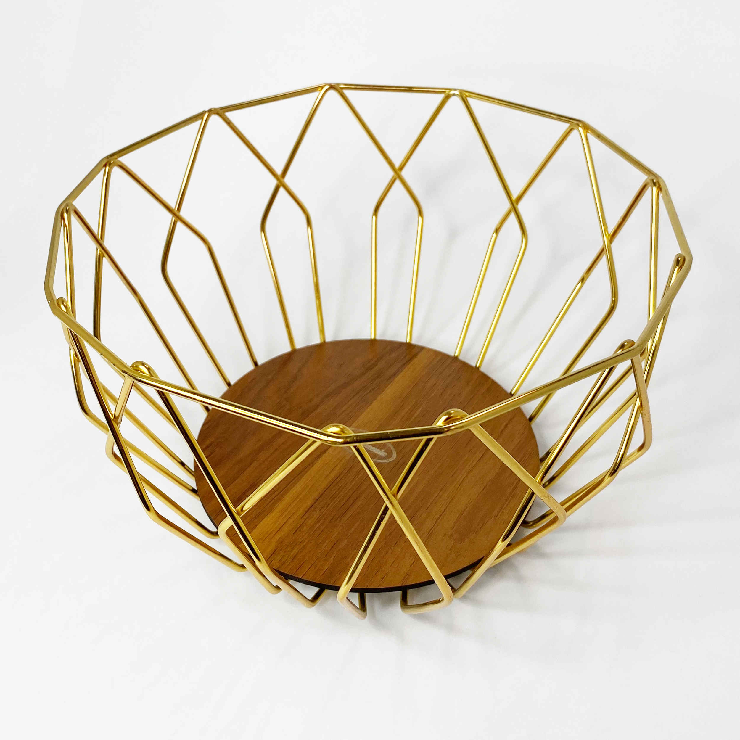 Metalen Draad Fruitmand Geometric – Goud met Hout
