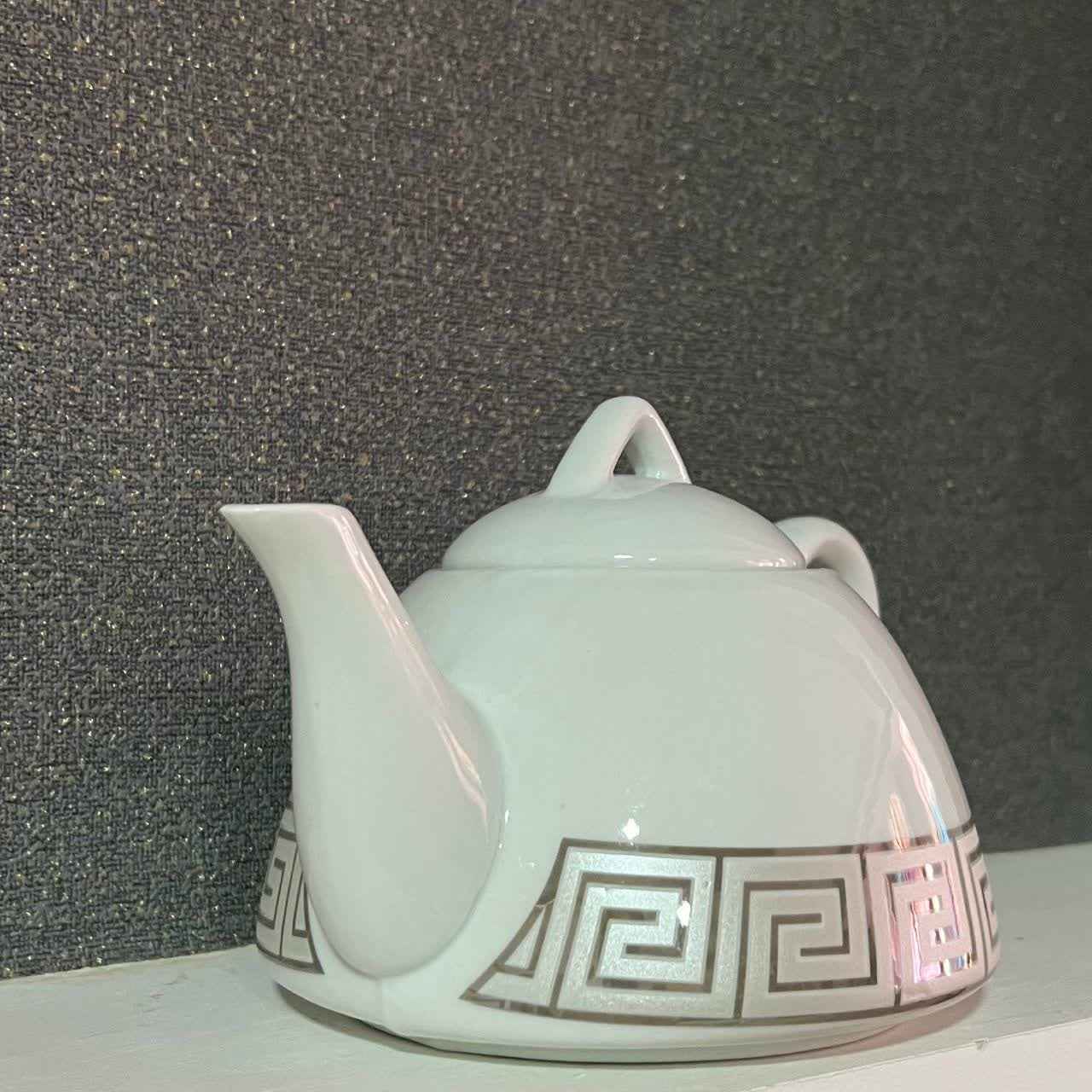 Porseleinen Theepot voor Serveren – Zilveren Griekse Sleutel Design No1
