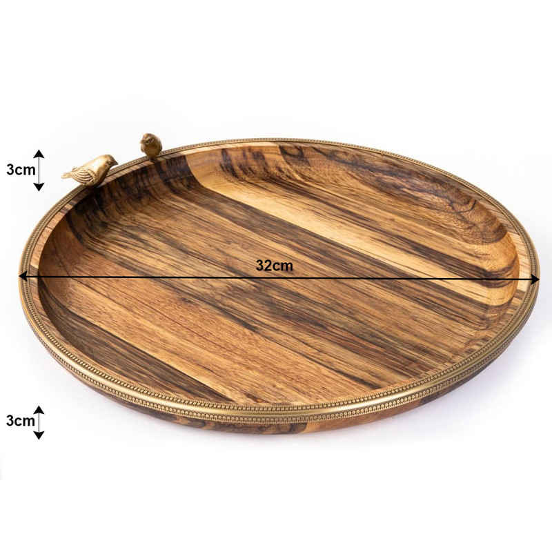 Rustiek rond houten dienblad – Met vogelgravure en gouden randen