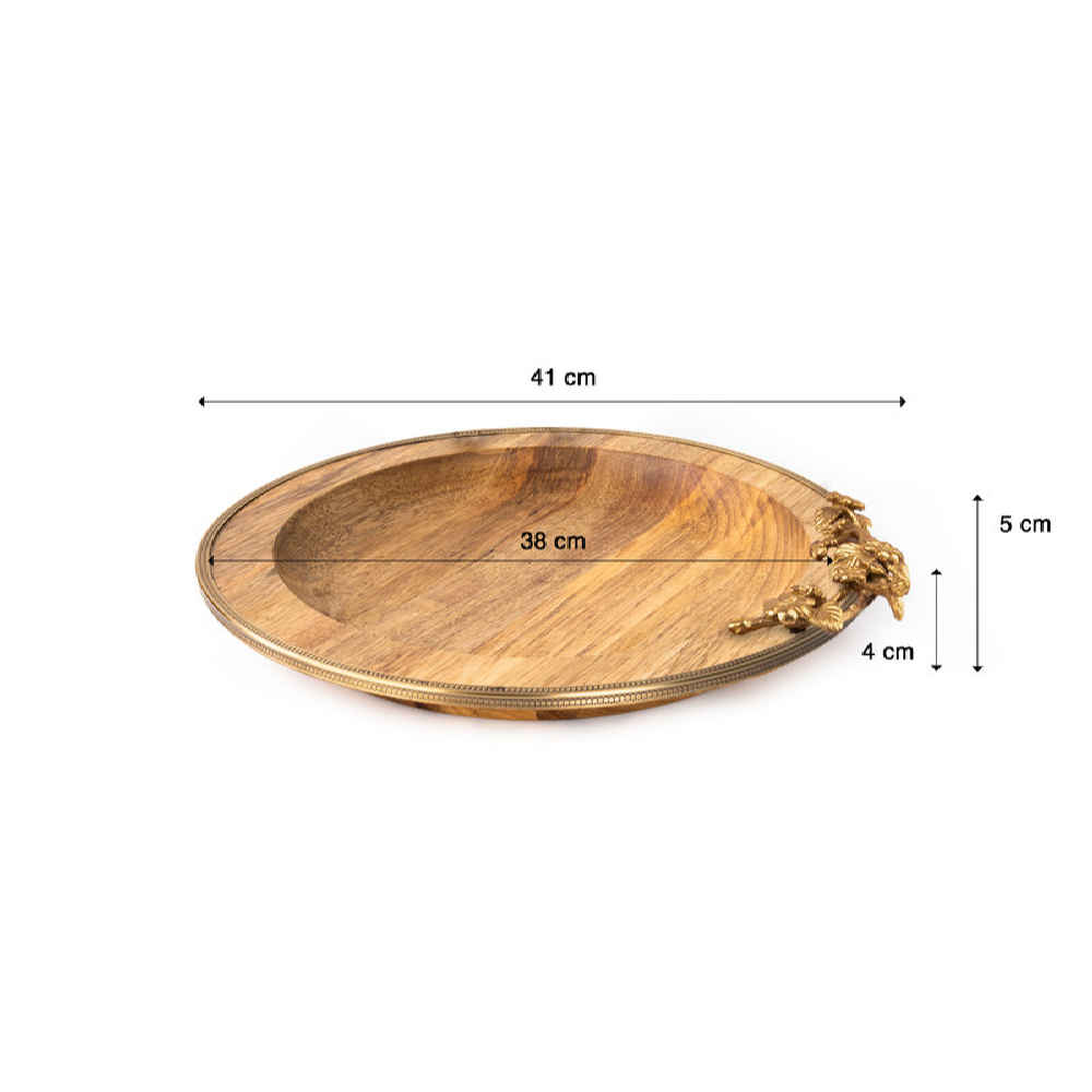 Minimalistisch rond houten dienblad – Met gouden randen en bloemenontwerp